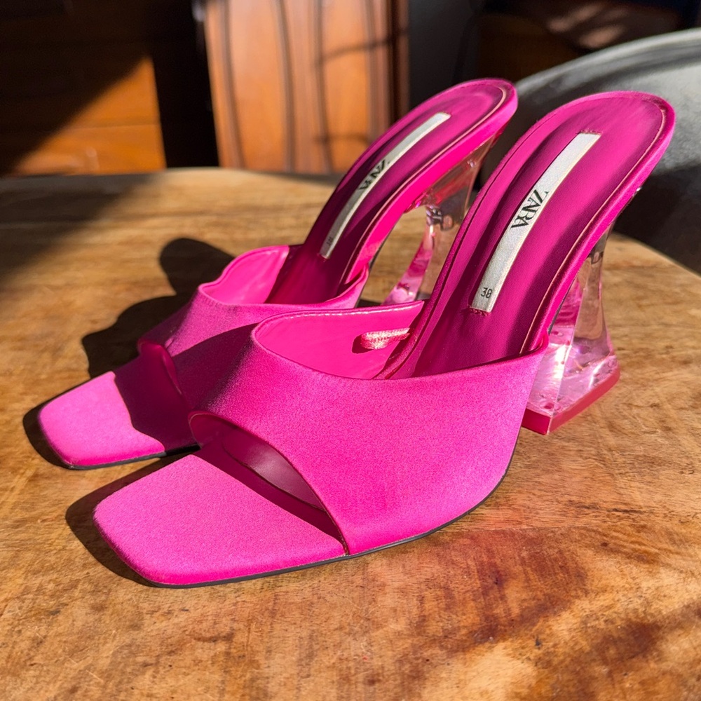 Barbie Pink Satin Mule with Clear Heel || Zara